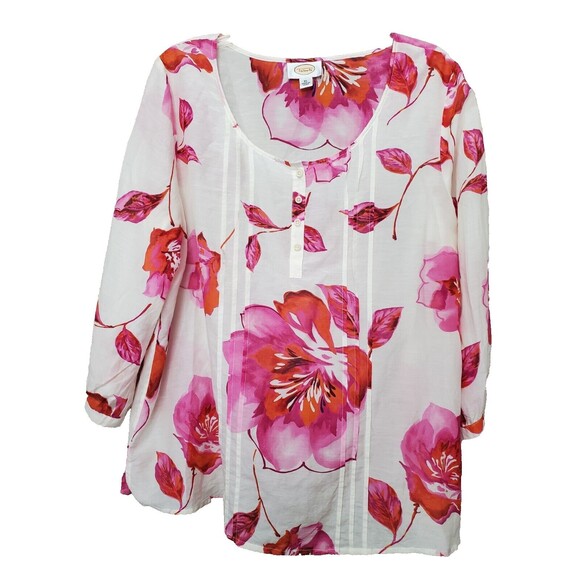 Talbots Cotton/Silk Blend Sheer Floral Henley Neck 3/4 Sleeve Blouse Size XL - Picture 1 of 7